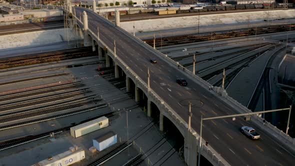 4th Street Bridge Crossing into Suburbs in Los Angeles, California - Aerial Drone Establishing View