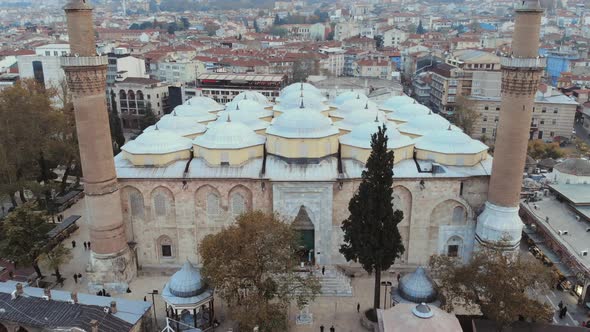 Aerial View of Bursa Historical Grand Mosque with Drone