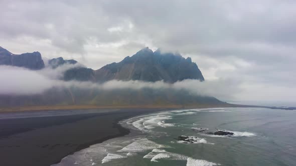 Vestrahorn Mountain and Sea Coast. Iceland. Aerial View