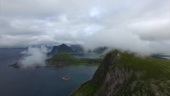 Flight above the Lofoten peaks, Norway, aerial footage