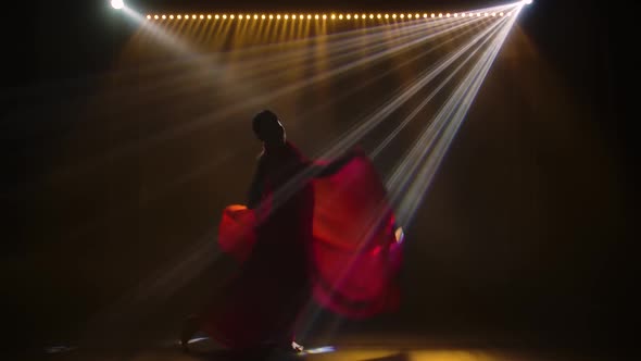 Silhouette a Young Girl Dancer in a Red Sari. Indian Folk Dance. Shot in a Dark Studio with Smoke