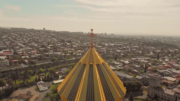 Cinematic Aerial View Of Tbilisi Cathedral Top Part Architecture