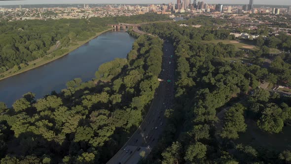 Aerial view of Philadelphia city skyline from Belmount Plateau over Schuylkill highway