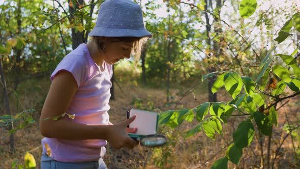 Naturalist Children Girl with Loupe Studying Learning Nature Outside and Makes Notes in Notebook