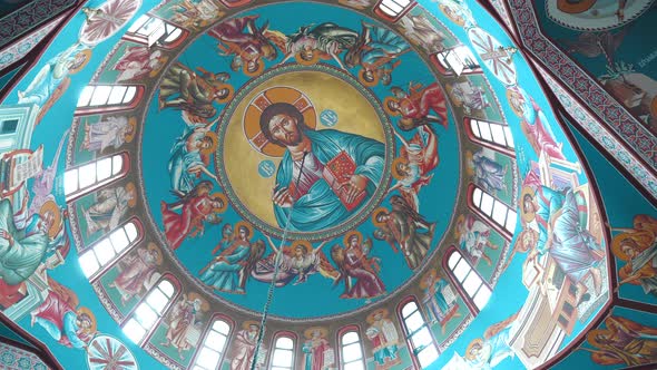 Mural of Jesus Christ on the inside of the dome of an Orthodox church. 4K.