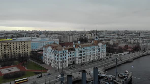 Aerial View in the Central Part of the City of Russia Over the Cruiser Aurora on the Embankment of