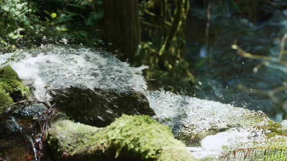 Close up of the top of a cascade with a river in the background.