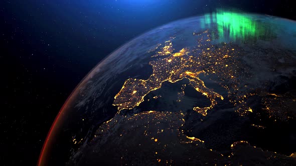 Earth from space rotation night skyline with aurora light.