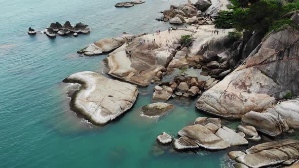 Famous Grandfather and Grandmother Rocks Located on Shore of Blue Sea on Koh Samui Island in