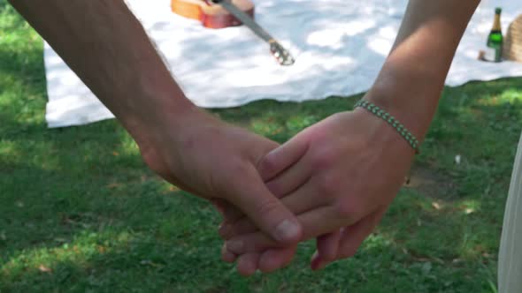 A Couple Holding Hands at a Romantic Outdoor Picnic, Close Up Slow Motion