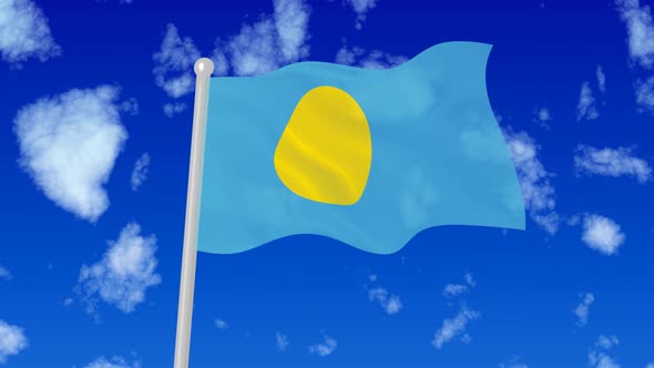 Flag Of Palau Flaying National Flag In The Sky