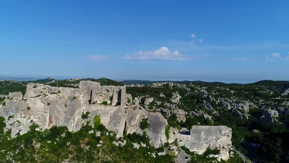 Village of Les Baux-de-Provence in Bouches-du-Rhone in France from the sky