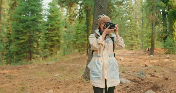 Woman Hiker in Forest Sunny Day. Traveler with Backpack Enjoying Outdoor Nature