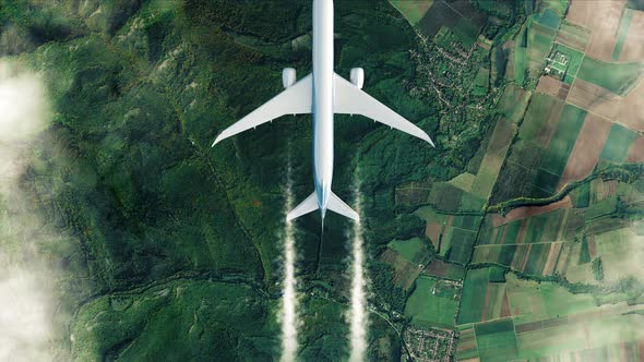 White Airplane Fly Over Green Fields Europe alt