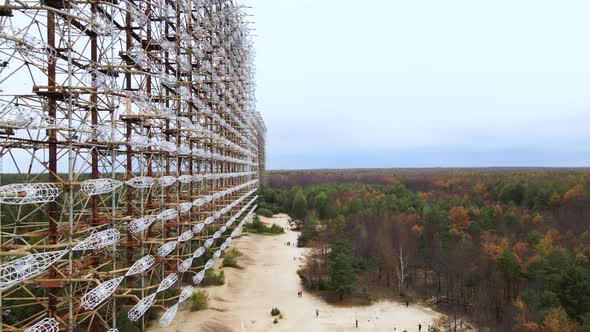 Aerial view of Duga radar system in abandoned military base in Chernobyl