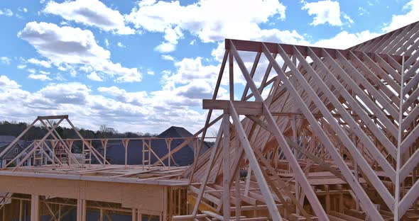 Wooden Roof Beams Trusses System Framed Construction in New Home