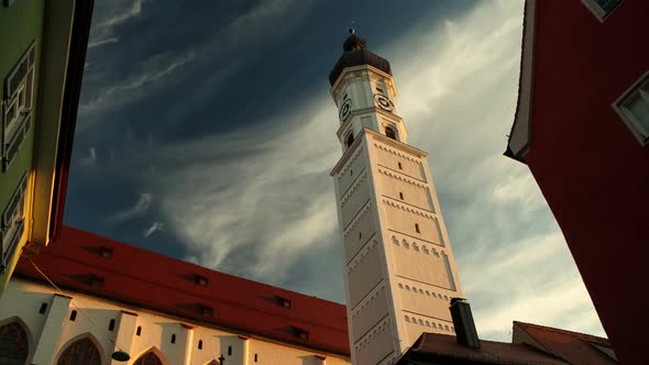 Time Lapse Sunset at Church Tower in Landsberg am Lech Germany Bavaria