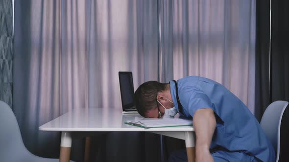 Little Girl Puts Medical Record on Table Near Tired Doctor