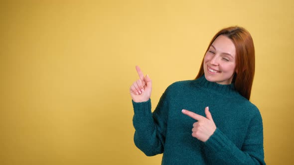 Young Red Hair Woman Posing Isolated on Yellow Color Background Studio