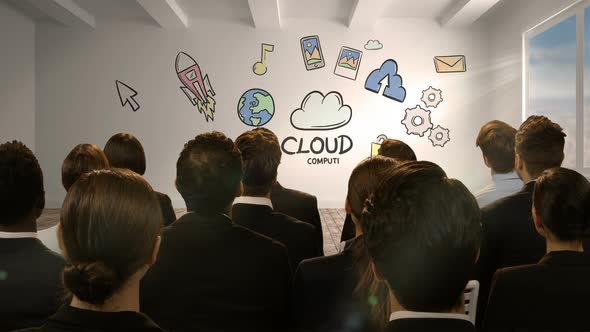 Business people looking at digital screen showing cloud computing