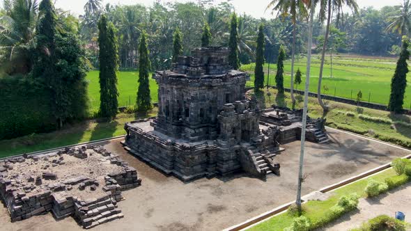 Partly restored ancient Ngawen temple in Muntilan Indonesia, aerial view