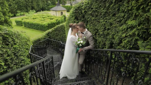 Newlyweds. Caucasian Groom with Bride Stay on Stairs in Park. Wedding Couple. Man and Woman in Love