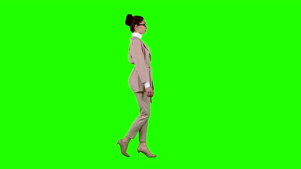 Businesswoman Flirting Correcting Glasses. Green Screen. Side View. Slow Motion