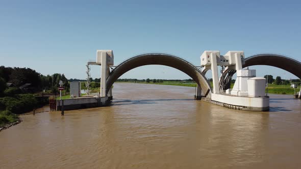 Lock and weir In Dutch River Lek Called Sluice Hagestein, aerial