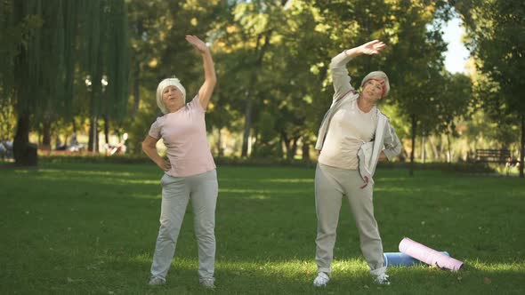 Mom and Her Daughter Doing Workout in Park, Healthy Lifestyle in Elder Age