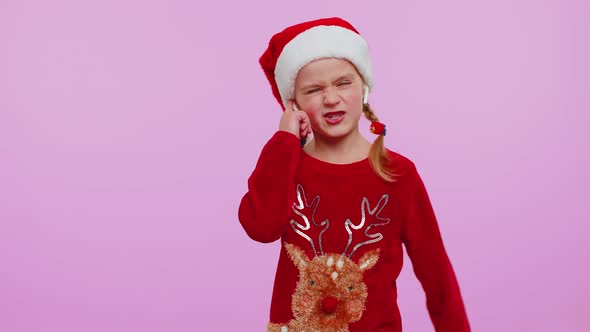 Girl in Christmas Sweater Listening Music Via Earphones Dancing Disco Fooling Around Having Fun