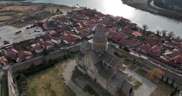 Aerial view of Orthodox Svetitskhoveli Cathedral in Mtskheta, Georgia