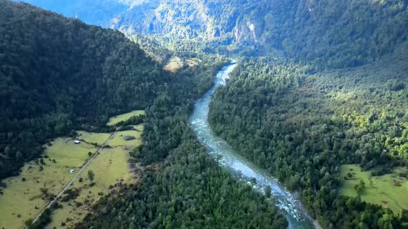 Aerial view dolly out of Rio Blanco in Hornopiren National Park, Chile
