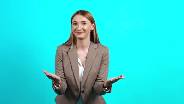 Generous, Open-hearted Adult Woman in Business Suit, Offering Everything She Has