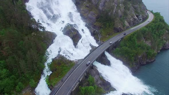Famous Langfossen waterfalls in Norway, aerial footage