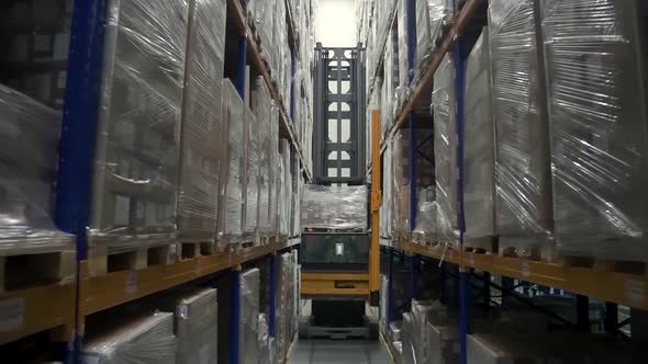 Front View of Young Male Worker Using Loading Equipment in Industrial Warehouse