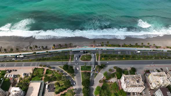 Traffic on the Beach aerial view 4 K Turkey Alanya