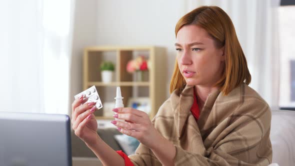 Sick Woman Having Video Call on Laptop at Home