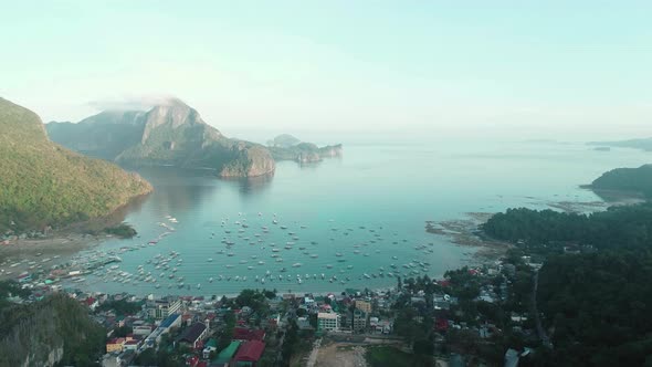 Aerial Drone View of Boats Anchored in the Bay with Clear and Turquoise Water