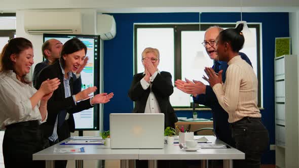 Motivated Happy Diverse Business Team People Clapping Celebrating Success