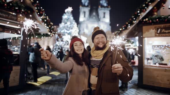 Two Lovers Happy a Colourful Night Lighting Urban Streets