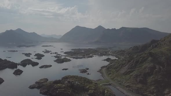 Midnight Sun in Napp/Flakdstad, Lofoten Islands, Norway Aerial Drone 4K