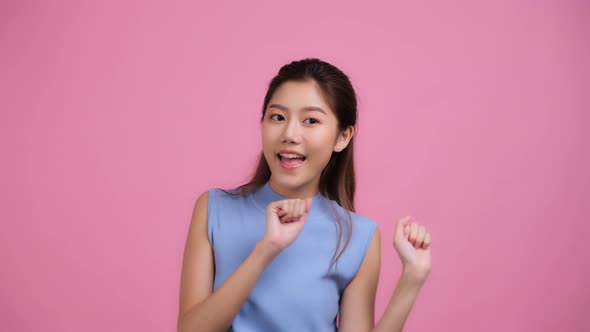 Woman smile and laugh joyfully on isolated white background.