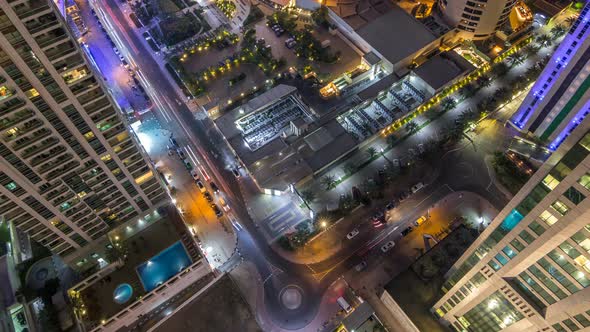 Aerial View of Modern Skyscrapers and Beach at Jumeirah Beach Residence JBR Night Timelapse in Dubai