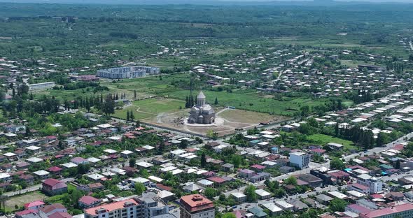 Zugdidi, Georgia - May 3 2022: Aerial view of Zugdidi Iveria Cathedral of the All-Holy Mother of God