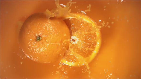 Orange Fruit Falling on Juice with Splash and Divided in Half