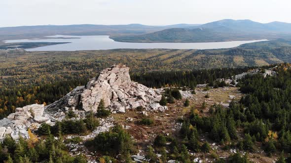 Aerial view, drone flying forward over the stone fields of Ural mountains