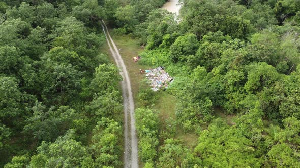 Aerial view rubbish dump near rural path