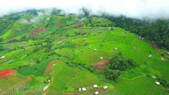 Aerial view of drones flying over rice terraces