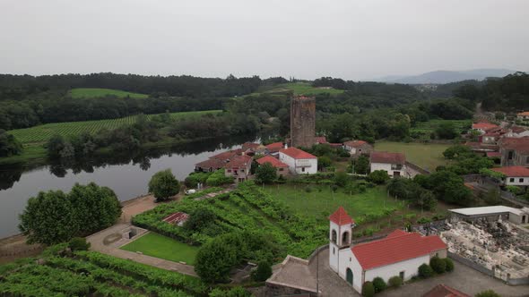 Monção, Medieval Tower and Village of Lapela Aerial View. River Minho, Portugal
