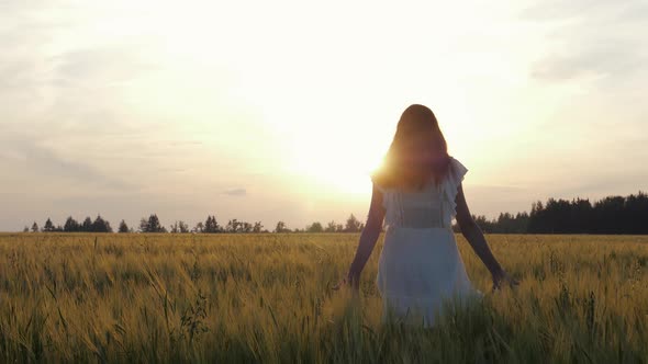 Woman In Dress Runs On Wheat Field Towards Sun At Sunset Raising Her Arms Up